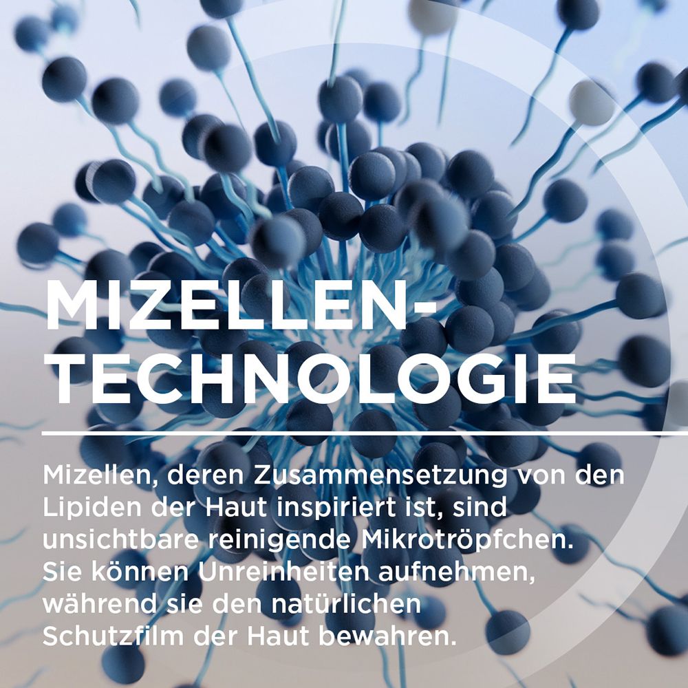 Abstrakte Darstellung von Mizellen-Technologie mit blauen kugelförmigen Strukturen und Fäden.