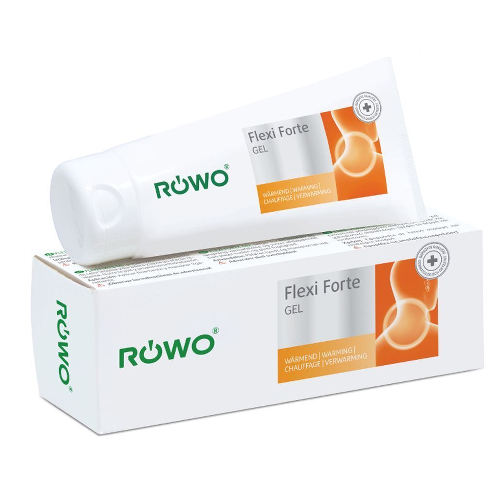 Röwo Flexi Forte Gel Tube und Kartonverpackung mit orangefarbenen Kreisen und Kreuzsymbol.
