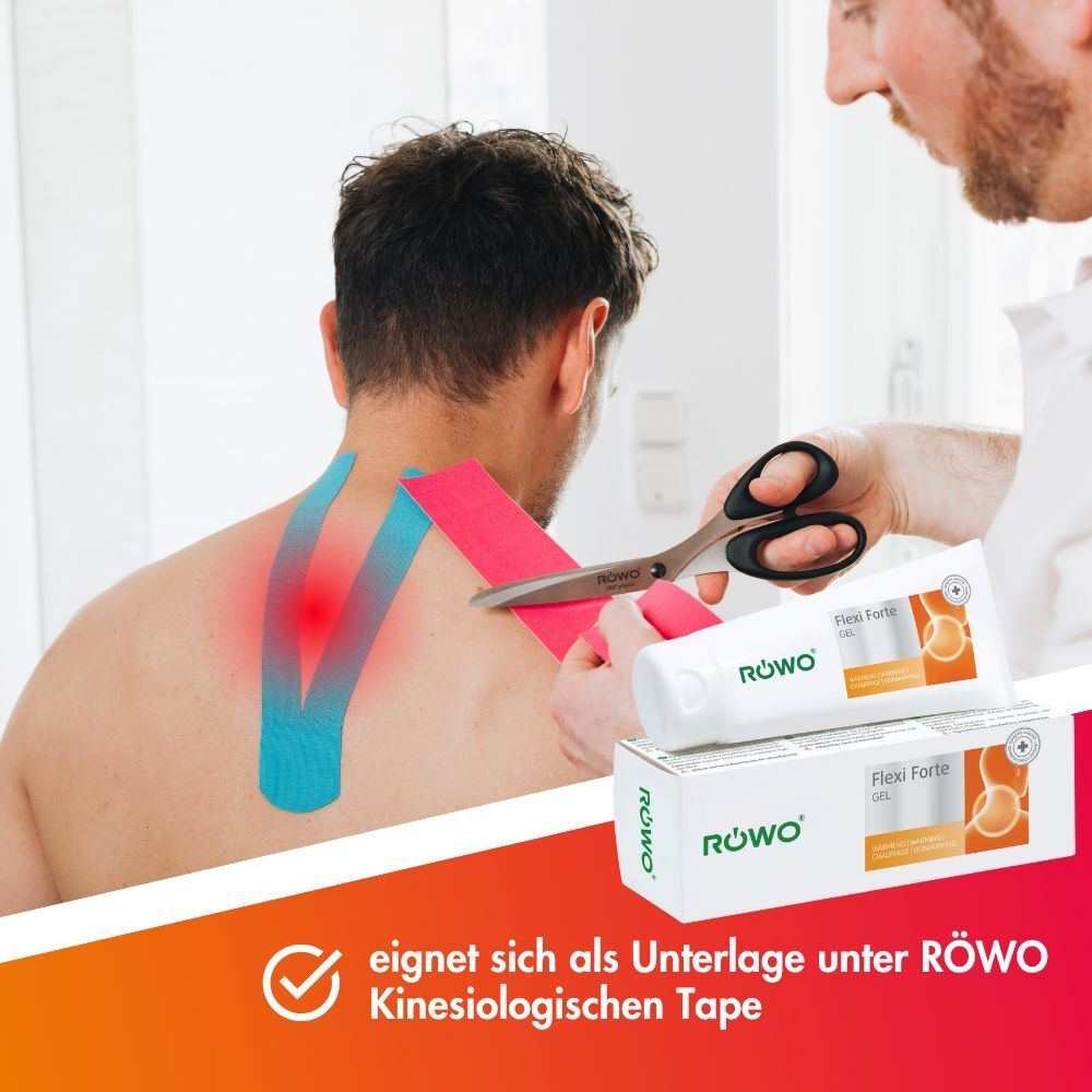 Mann mit Kinesio-Tapes am Rücken, dem Tapes abgeschnitten werden; Tube und Karton Röwo Flexi Forte Gel daneben.