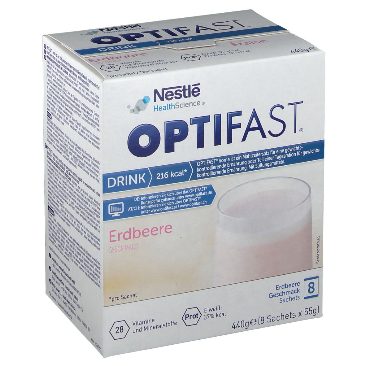 OPTIFAST® Drink Erdbeere, Karton. 8 Sachets. 216 kcal. Nestle HealthScience Logo. Erdbeergeschmack. 440g.