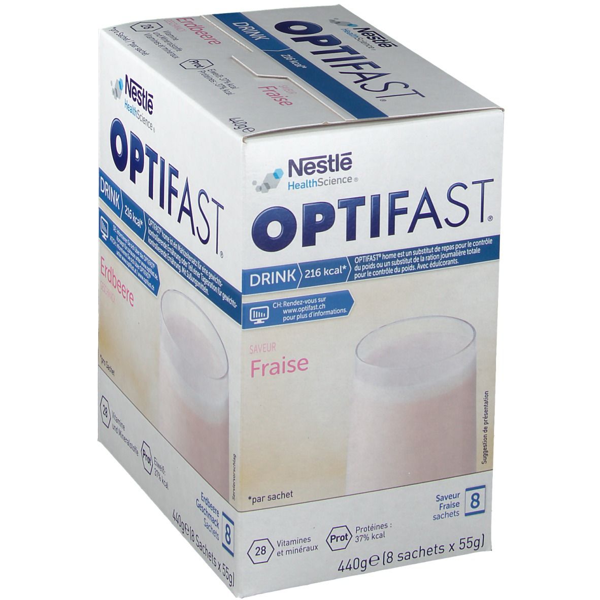 OPTIFAST® Drink Erdbeere, Karton. 8 Sachets. 216 kcal. Nestle HealthScience Logo. Erdbeergeschmack. 440g.