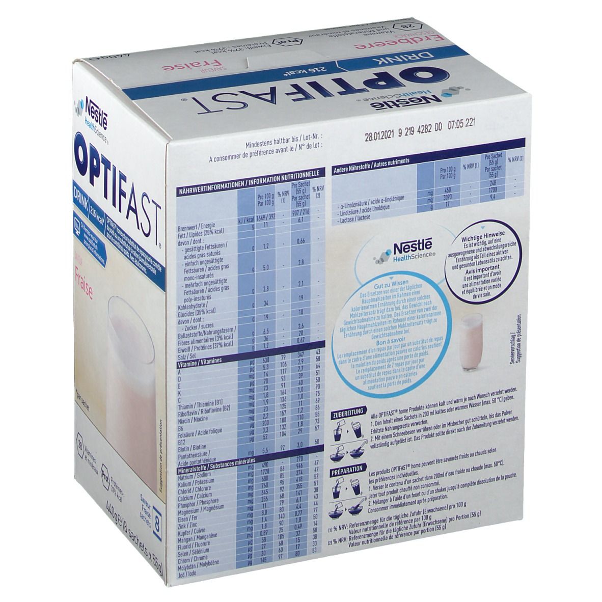 OPTIFAST® Drink Erdbeere Karton, Rückseite. Nährwertangaben, Zubereitungshinweise. Nestle HealthScience Logo.