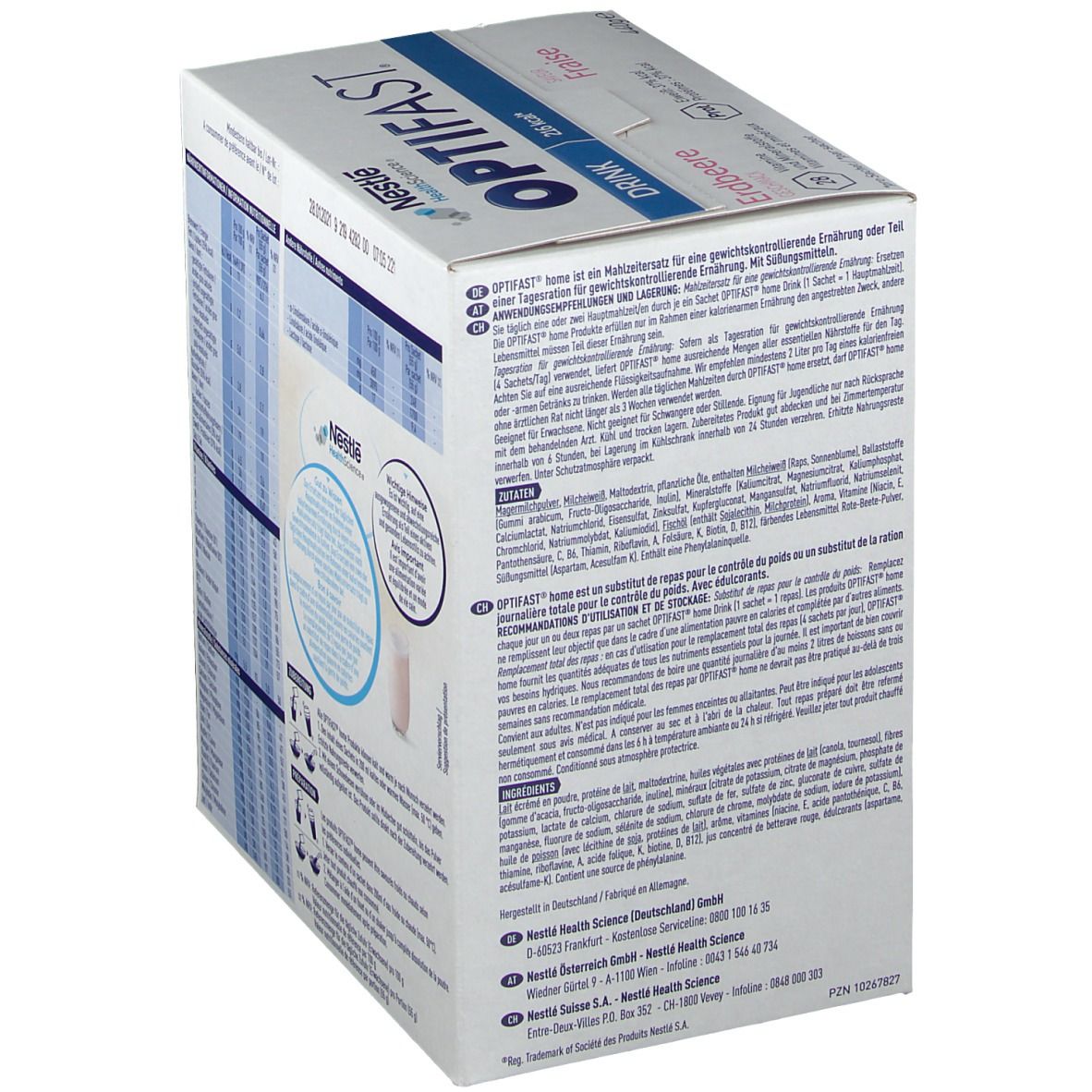 OPTIFAST® Drink Erdbeere Karton, Rückseite. Nährwertangaben, Zubereitungshinweise. Nestle HealthScience Logo.