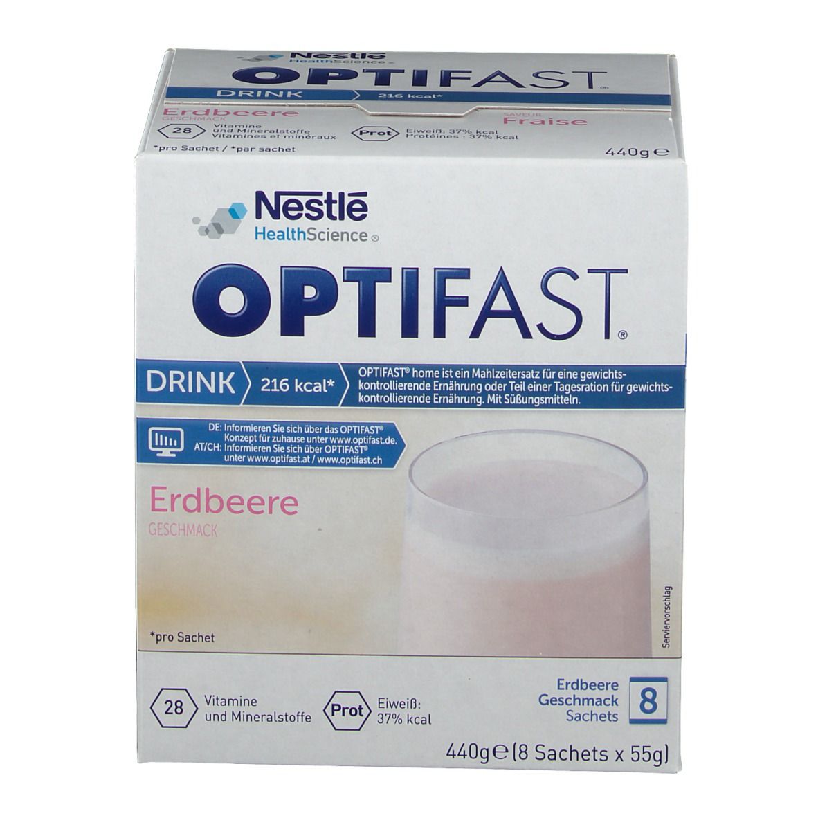 OPTIFAST® Drink Erdbeere, Karton. 8 Sachets. 216 kcal. Nestle HealthScience Logo. Erdbeergeschmack. 440g.