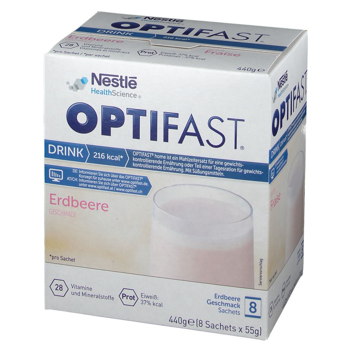 OPTIFAST® Drink Erdbeere, Karton. 8 Sachets. 216 kcal. Nestle HealthScience Logo. Erdbeergeschmack. 440g.