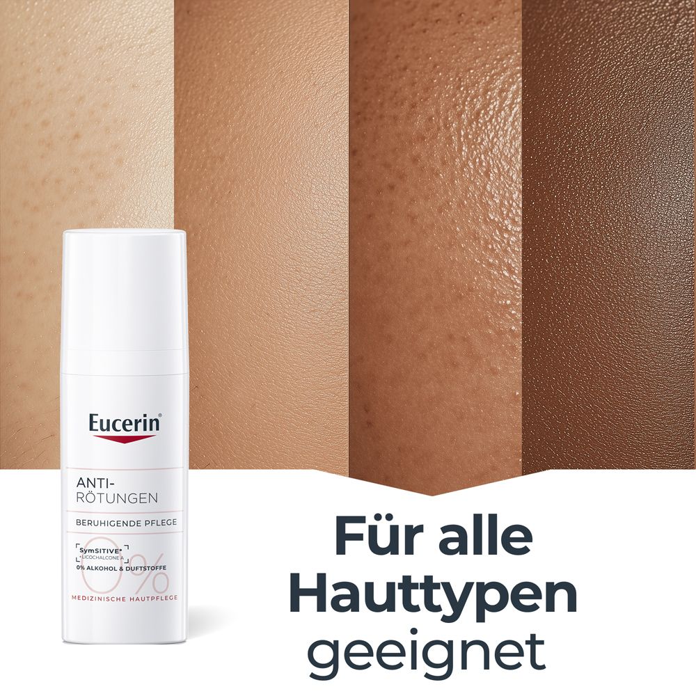 Hauttypen-Vergleich. Eucerin Anti-Rötungen. Für alle Hauttypen geeignet. Produkt neben den Hauttypen.