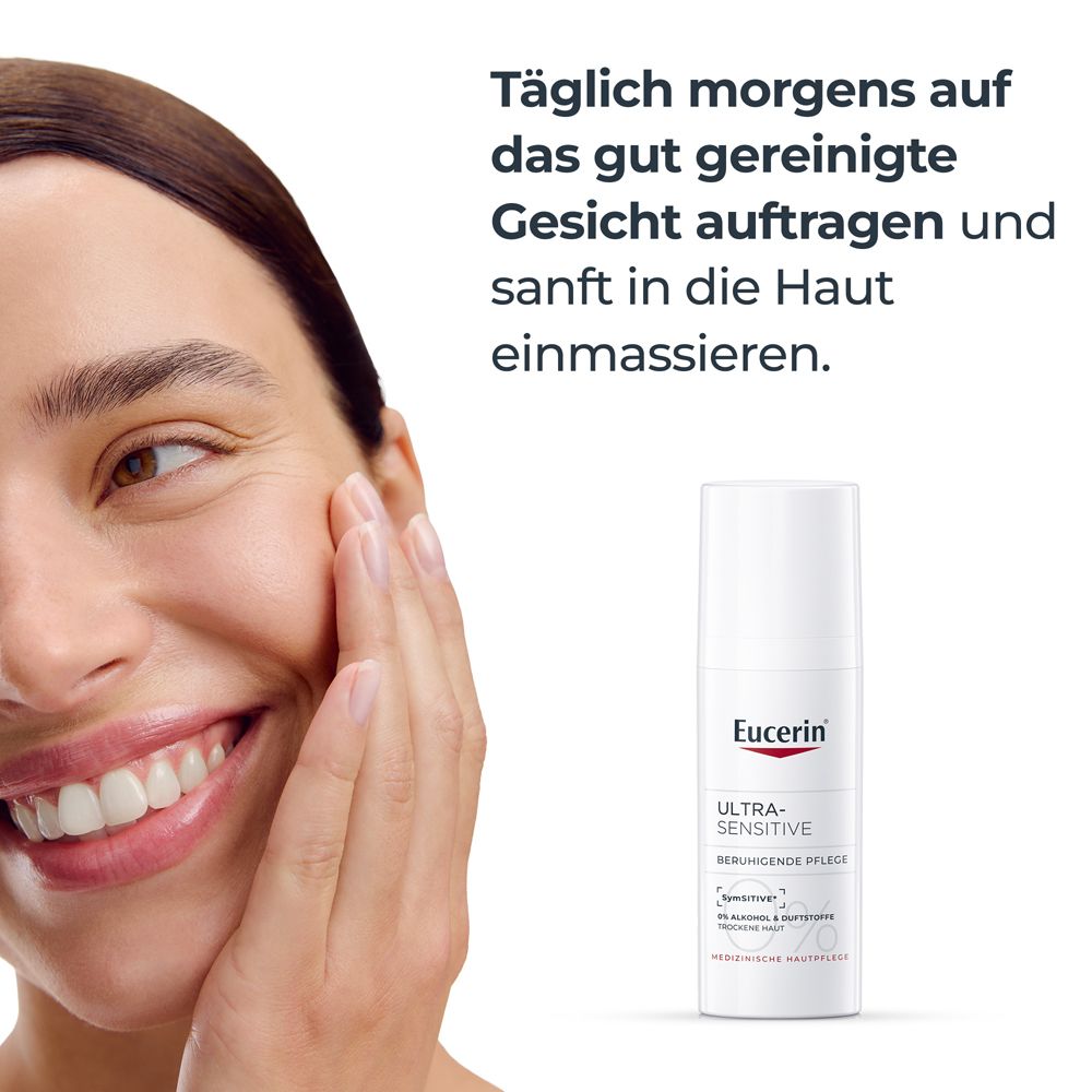 Frau trägt Creme auf. Eucerin UltraSensitive Creme. Text: Morgens auftragen und sanft einmassieren.