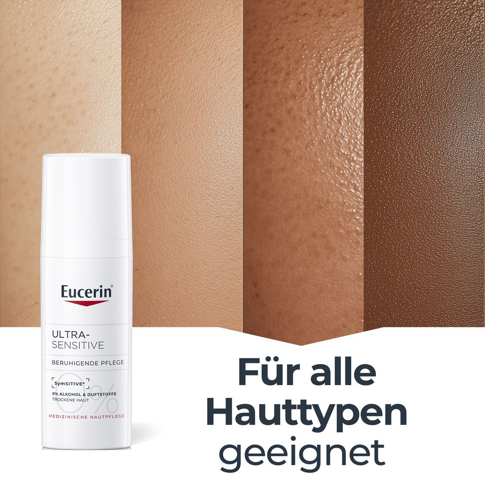 Hauttypen-Vergleich. Eucerin UltraSensitive Creme. Text: Für alle Hauttypen geeignet.