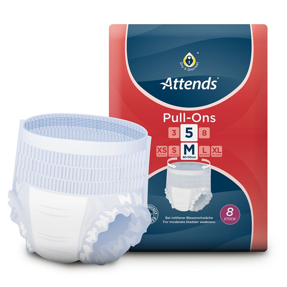 Attends Pull-Ons 5 M Einmalhosen. Packung und Produkt. Größen XS-XL. 8 Stück. Für moderate Blasenschwäche.