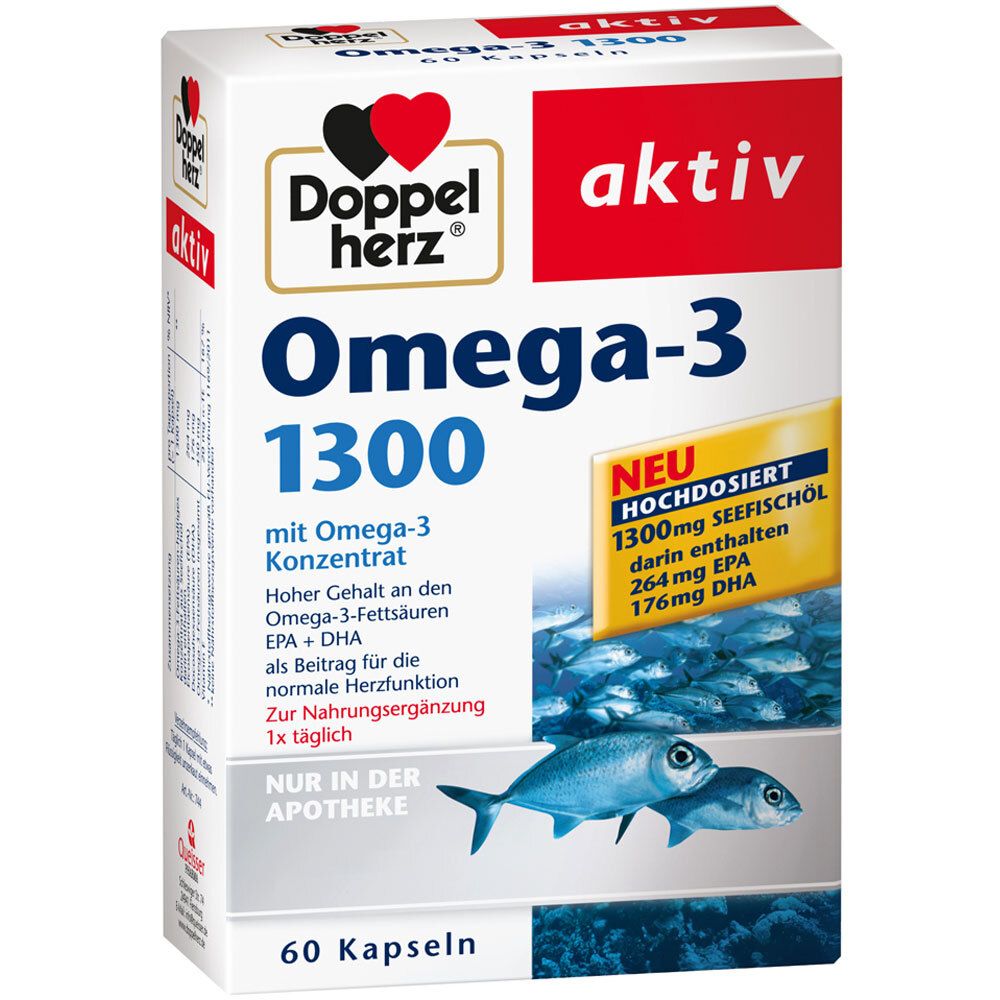 Verpackung von Doppelherz aktiv Omega-3 1300. Weißer Karton mit blauer und roter Schrift. Enthält 60 Kapseln. Mit Fisch-Illustration.