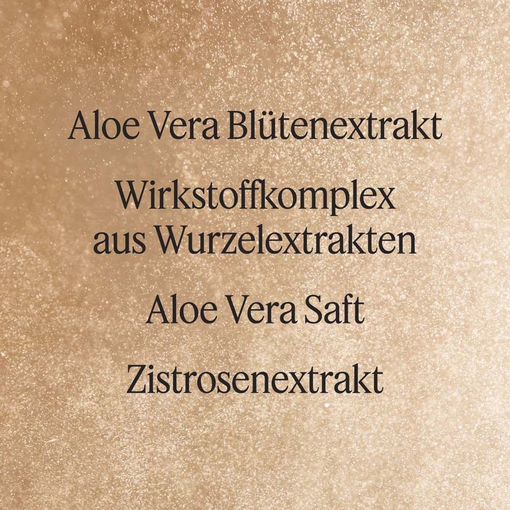 Text mit Inhaltsstoffen: Aloe Vera Blütenextrakt, Wirkstoffkomplex, Aloe Vera Saft, Zistrosenextrakt.