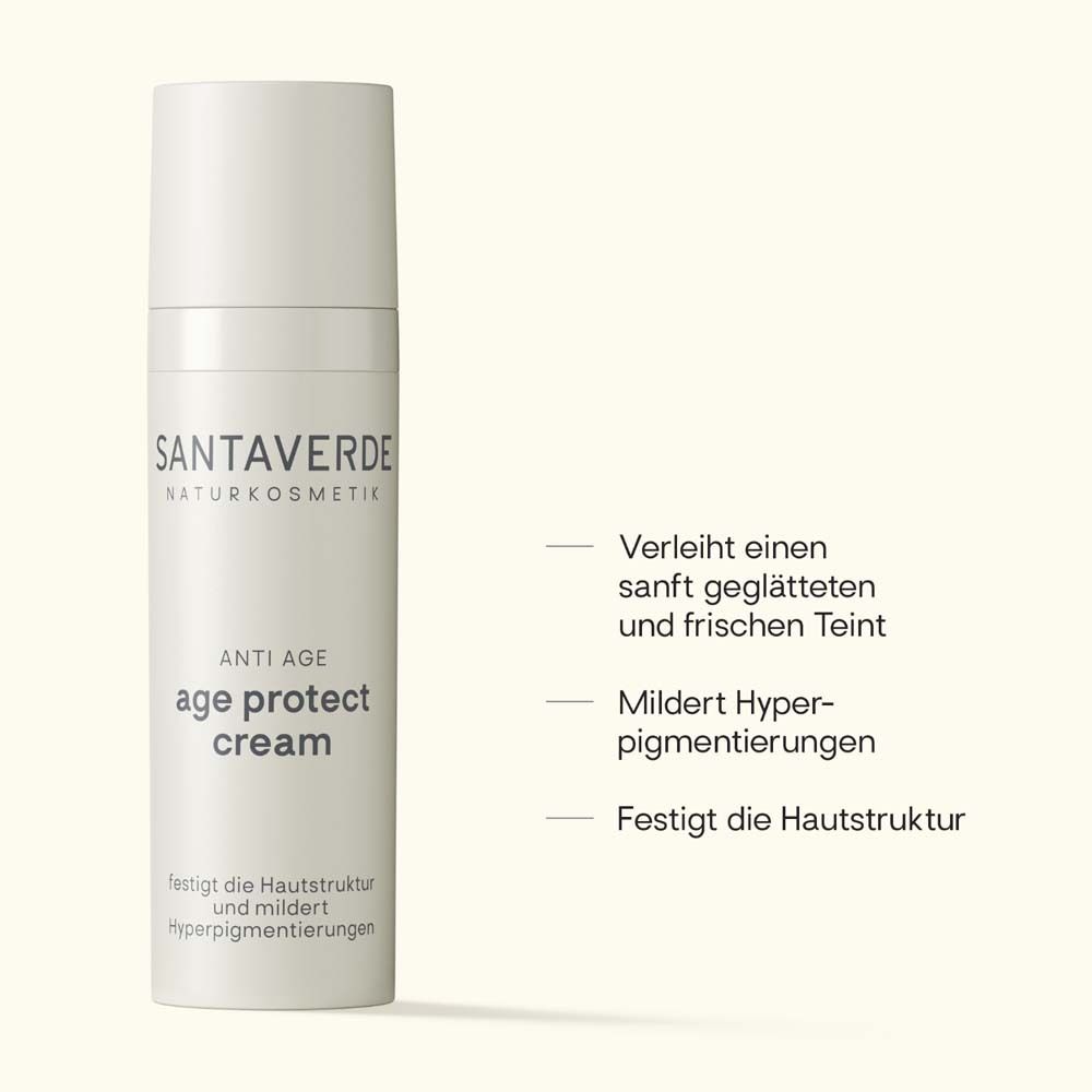 Creme-Flakon. SANTAVERDE, age protect cream. Text: Verleiht einen sanft geglätteten Teint. Mildert Hyperpigmentierungen.