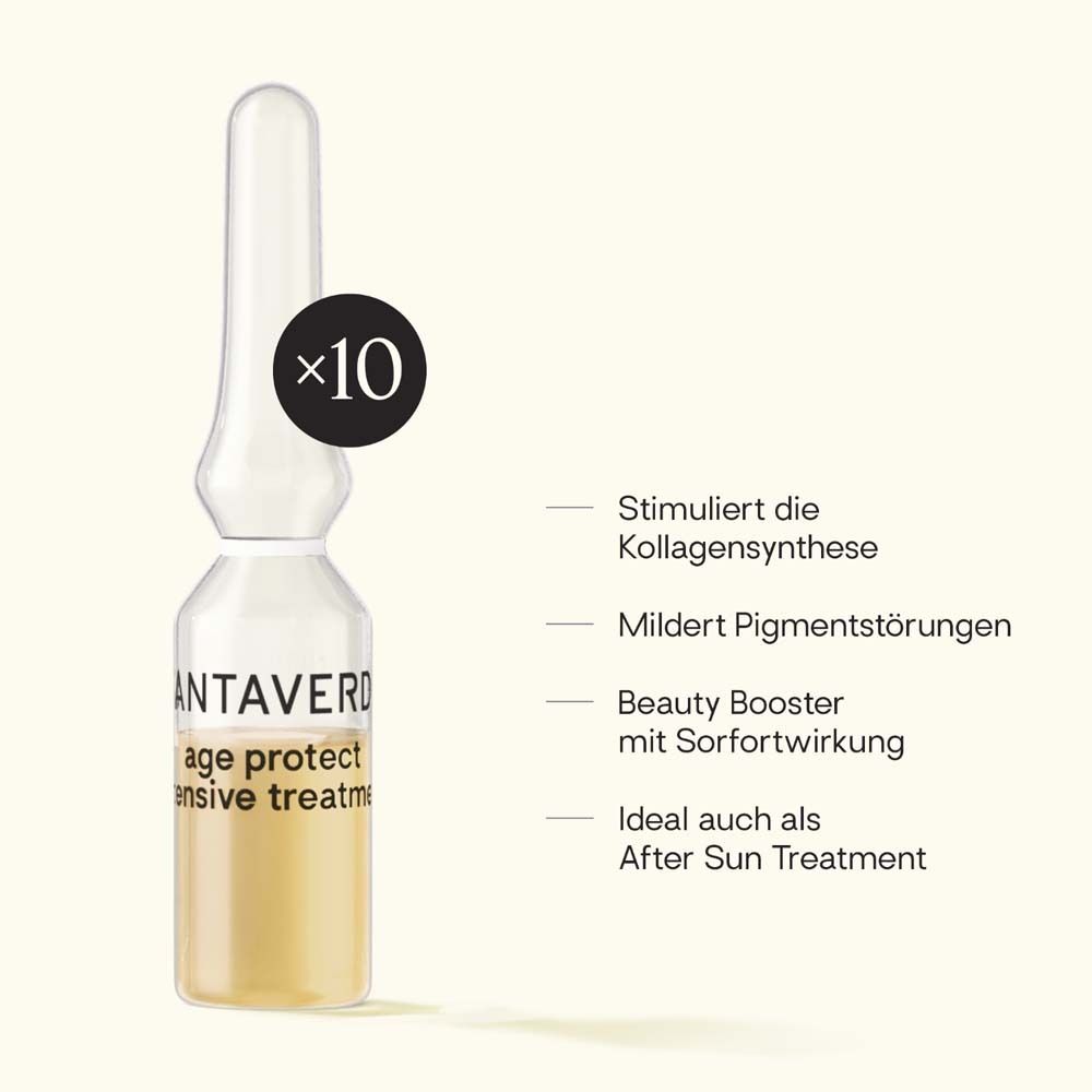 Ampulle mit gelblicher Flüssigkeit. Text: SANTAVERDE age protect intensive treatment. x10. Text: Beauty Booster.