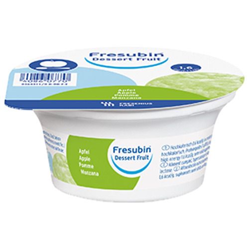 Becher Fresubin Dessert Fruit Apfel. Deckel blau-grün, Becher weiß. Aufschrift Fresubin, Apfel, Dessert Fruit. Produktabbildung.