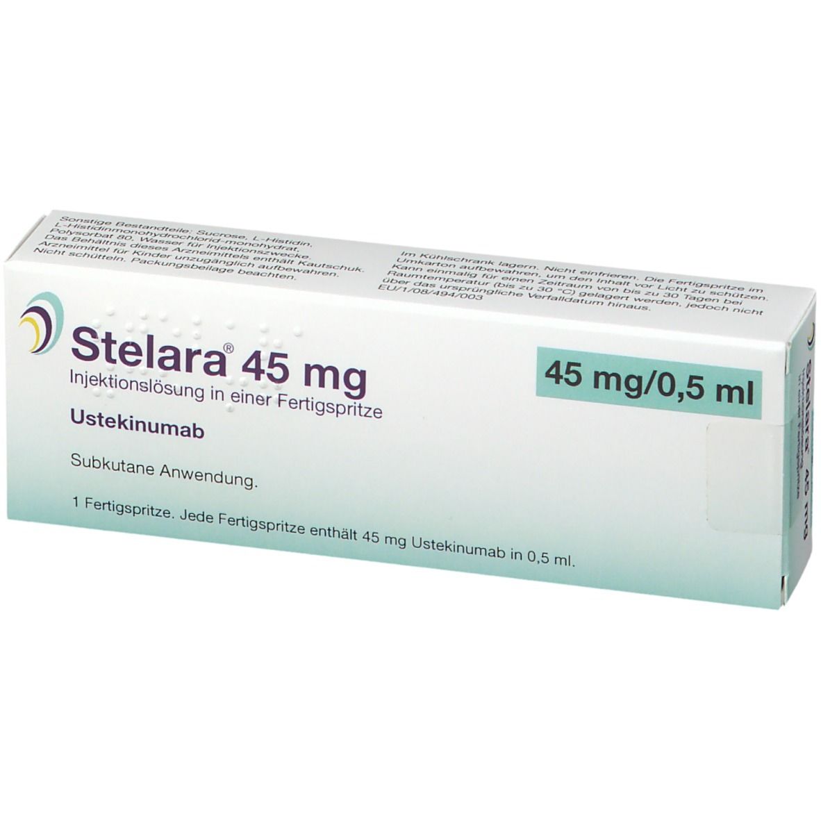 Stelara 45 mg Injektionslösung in einer Fertigspritze mit Ustekinumab, subkutane Anwendung.