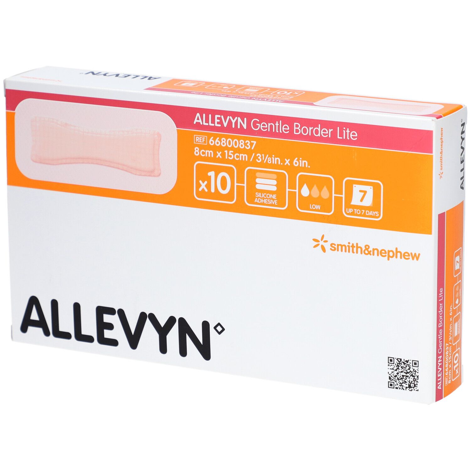 ALLEVYN Gentle Border Lite-Verpackung. Zeigt ein Pflaster, 8 x 15 cm, 10 Stück. Mit Smith & Nephew-Logo.
