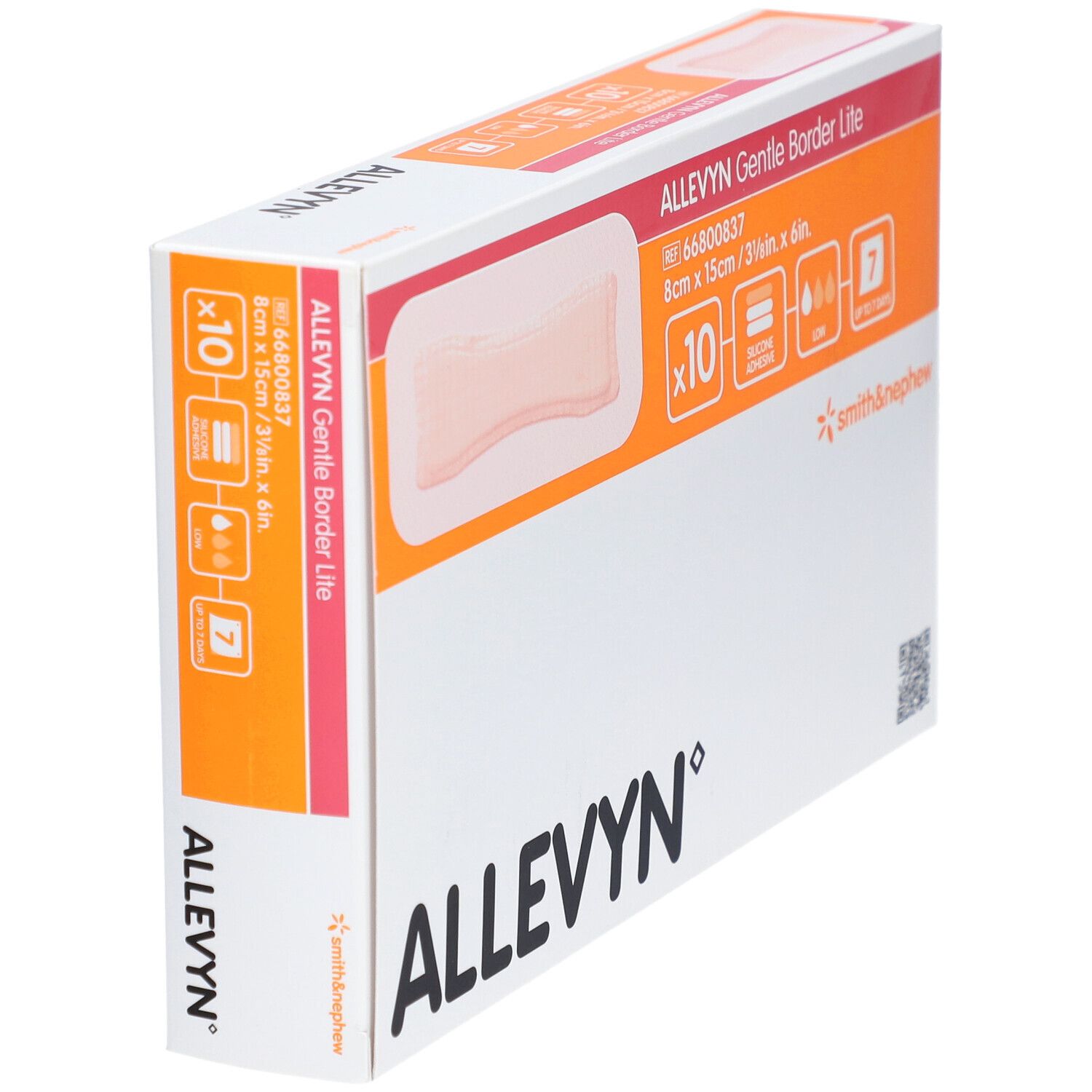 ALLEVYN Gentle Border Lite-Verpackung. Zeigt ein Pflaster, 8 x 15 cm, 10 Stück. Mit Smith & Nephew-Logo.