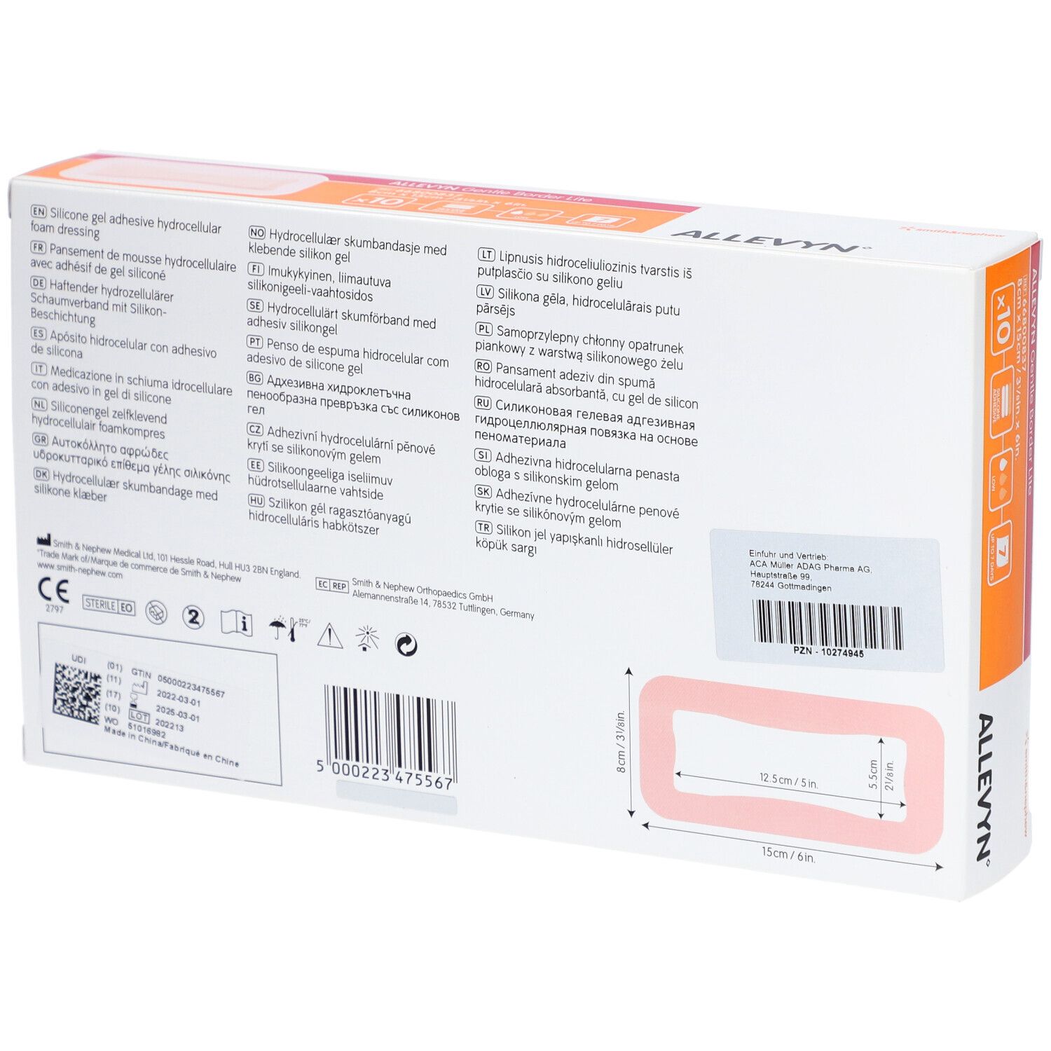 Rückseite der ALLEVYN Gentle Border Lite-Verpackung. Enthält Produktinformationen und Größenangaben.