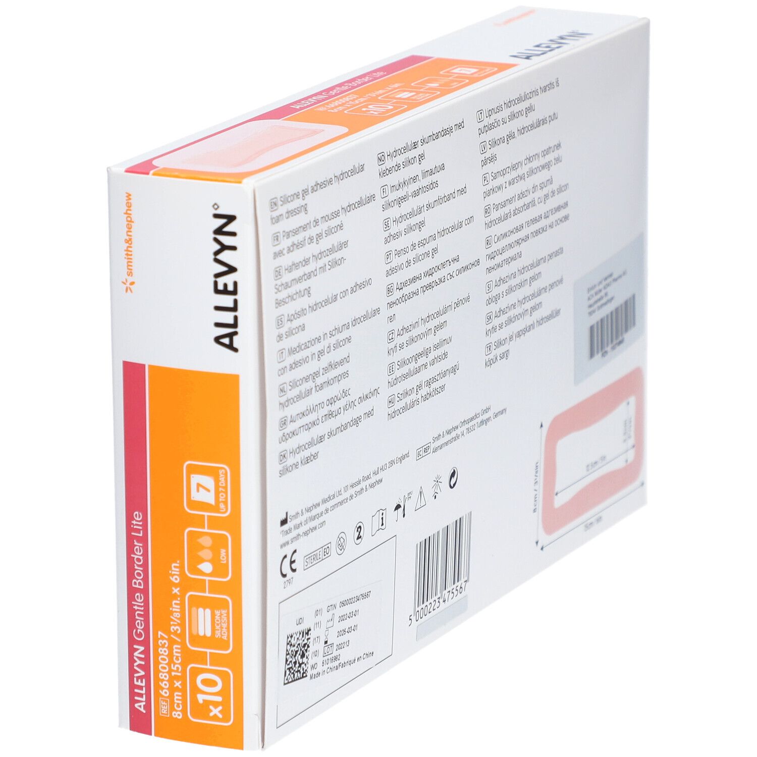 ALLEVYN Gentle Border Lite-Verpackung. Zeigt ein Pflaster, 8 x 15 cm, 10 Stück. Mit Smith & Nephew-Logo.