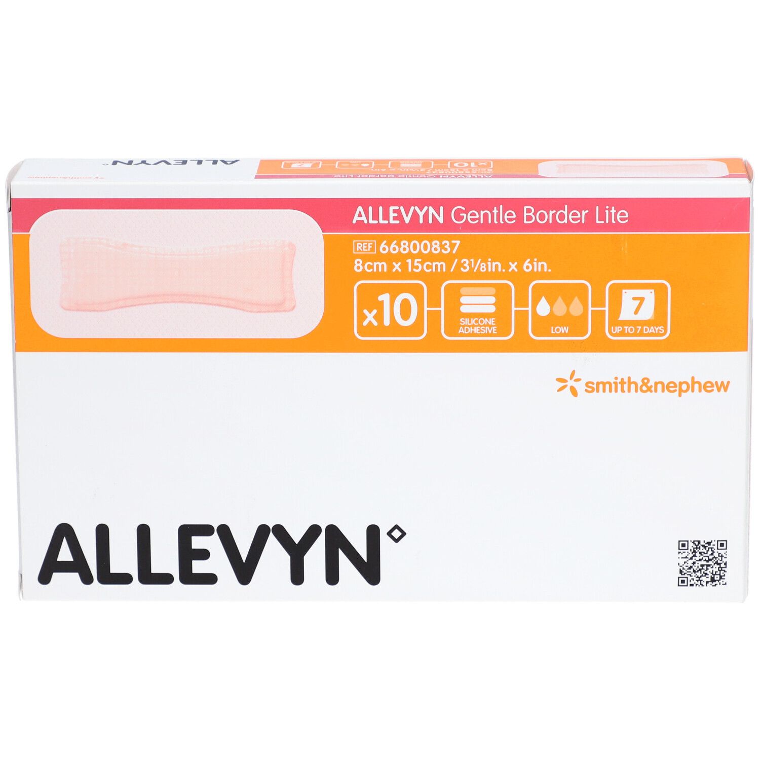 ALLEVYN Gentle Border Lite-Verpackung. Zeigt ein Pflaster, 8 x 15 cm, 10 Stück. Mit Smith & Nephew-Logo.