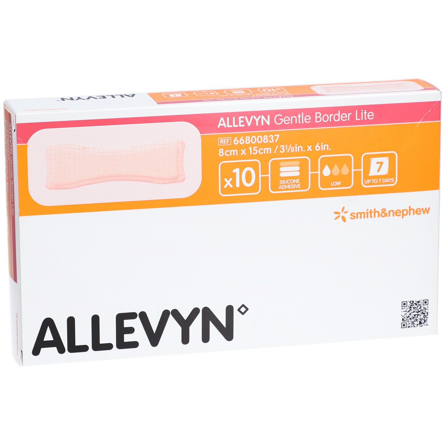 ALLEVYN Gentle Border Lite-Verpackung. Zeigt ein Pflaster, 8 x 15 cm, 10 Stück. Mit Smith & Nephew-Logo.