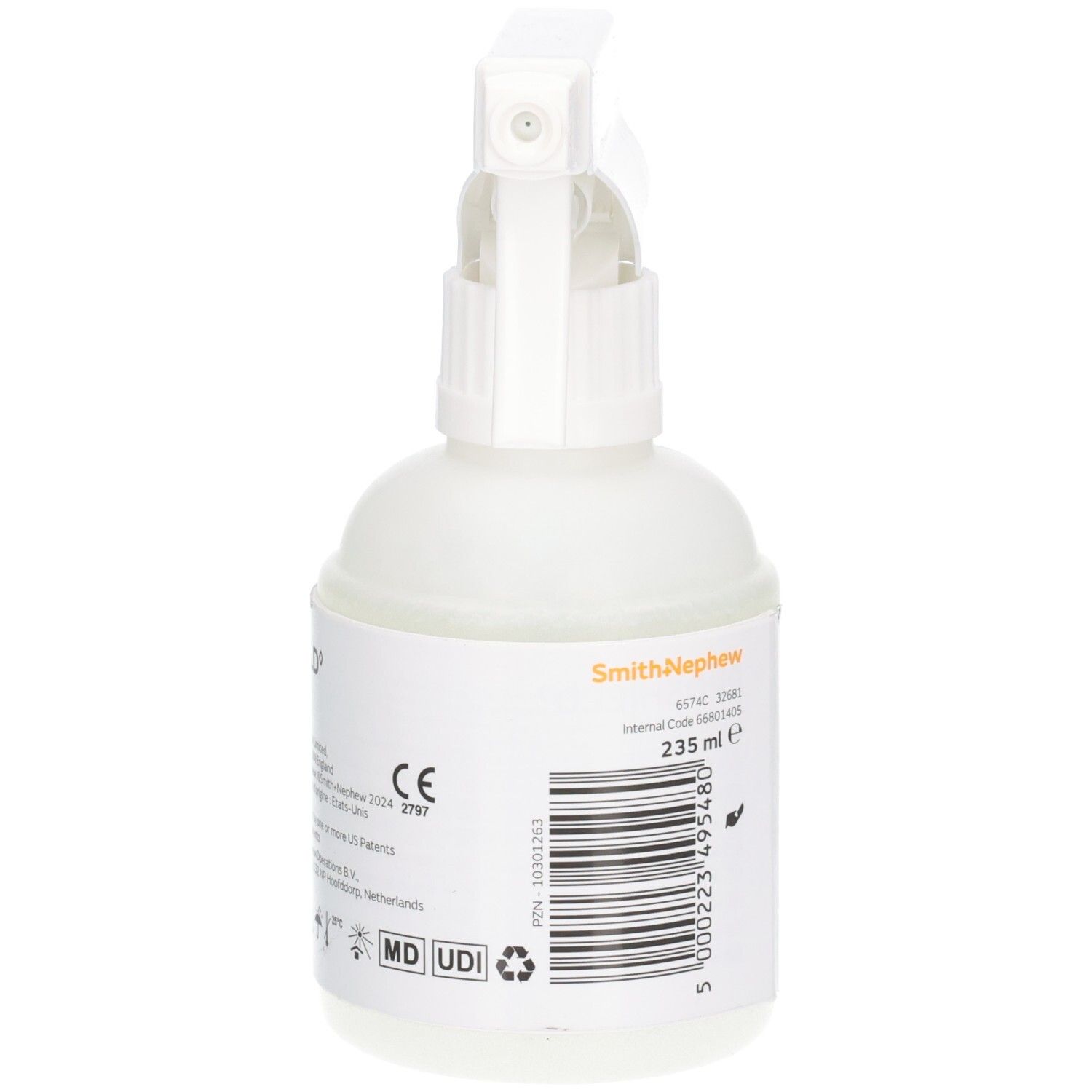 Weißes Sprühflasche mit Etikett. Barcode und Produktinformationen. 235 ml. Sprühkopf oben.