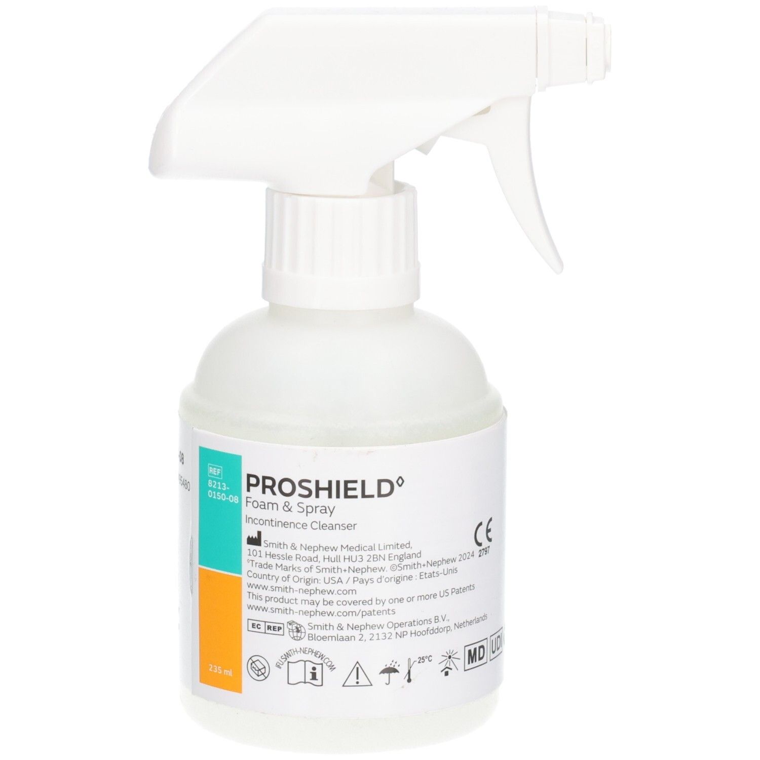 Weißes Sprühflasche mit PROSHIELD Foam & Spray. Etikett mit Produktinformationen. 235 ml. Sprühkopf oben.