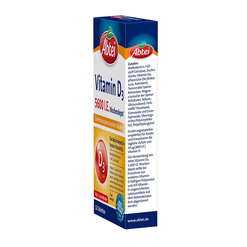 Abtei Vitamin D3-Packung, Seitenansicht. Enthält 12 Tabletten. Aufschrift: 5600 I.E. Wochendepot. Mit Inhaltsangaben und Herstellerinformationen.