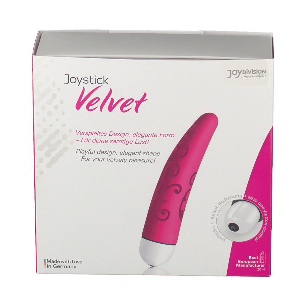 Rosa Joystick Velvet in Verpackung. Aufschrift: Verspieltes Design, elegante Form. Mit Logo und Zertifizierung.