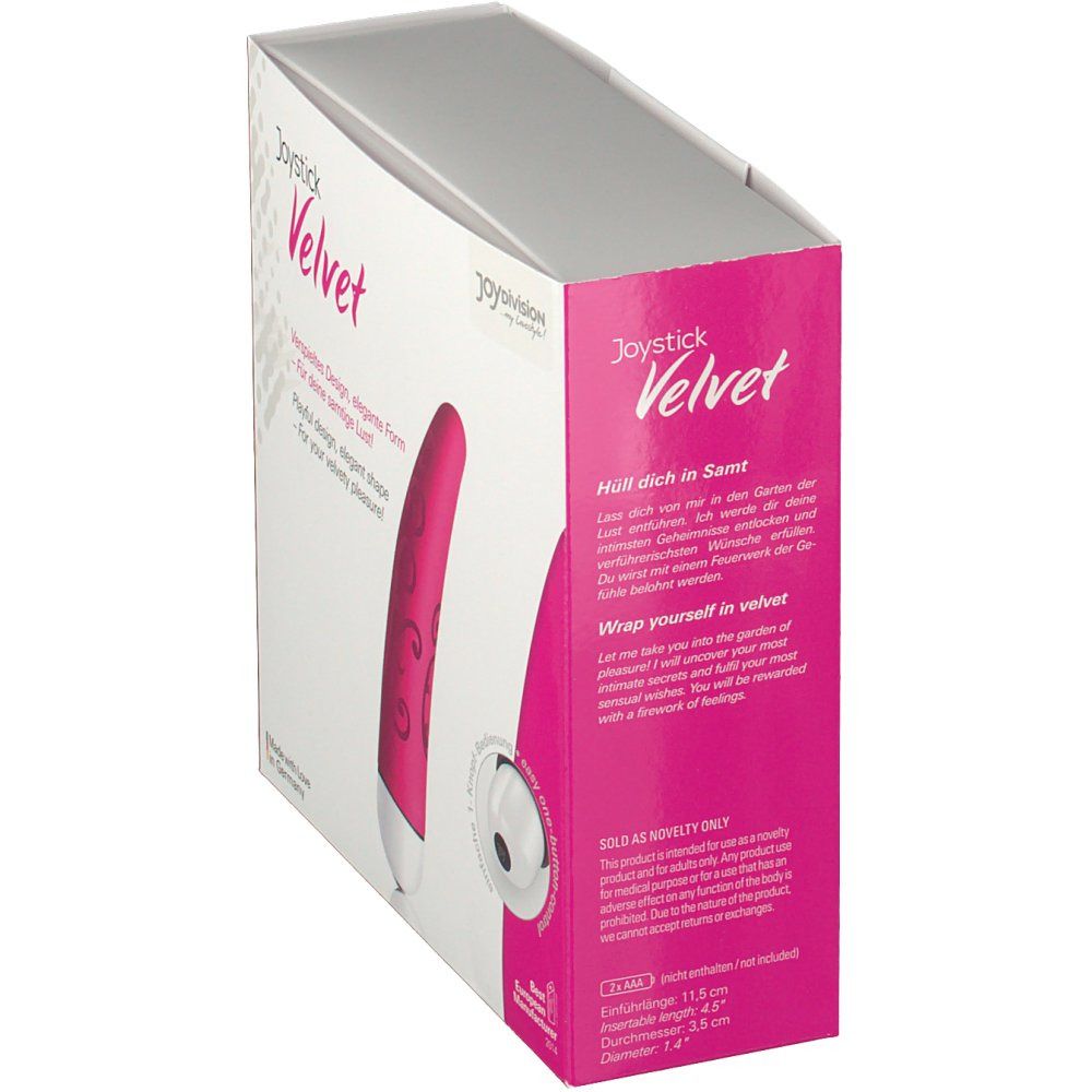Verpackung des Joystick Velvet. Rosa Seite mit Text: Hüll dich in Samt. Produktabbildung und Größenangaben.