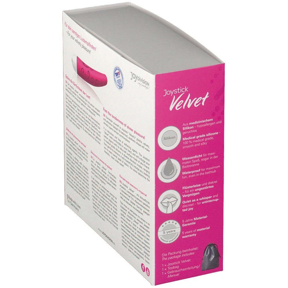 Verpackung des Joystick Velvet. Seite mit Produktinformationen: Silikon, wasserdicht, 5 Jahre Garantie.