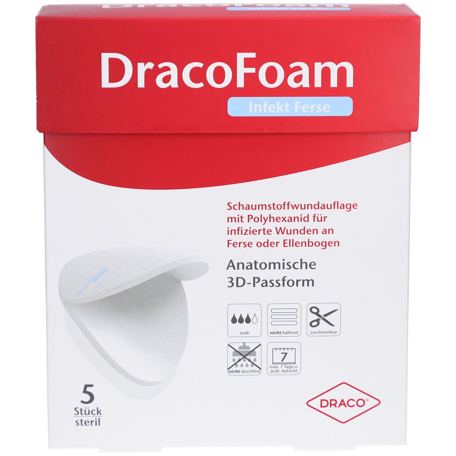 Verpackung von DracoFoam Infekt Ferse. Rote und weiße Schachtel mit Produktname, Produktbild und Informationen. 5 sterile Auflagen.