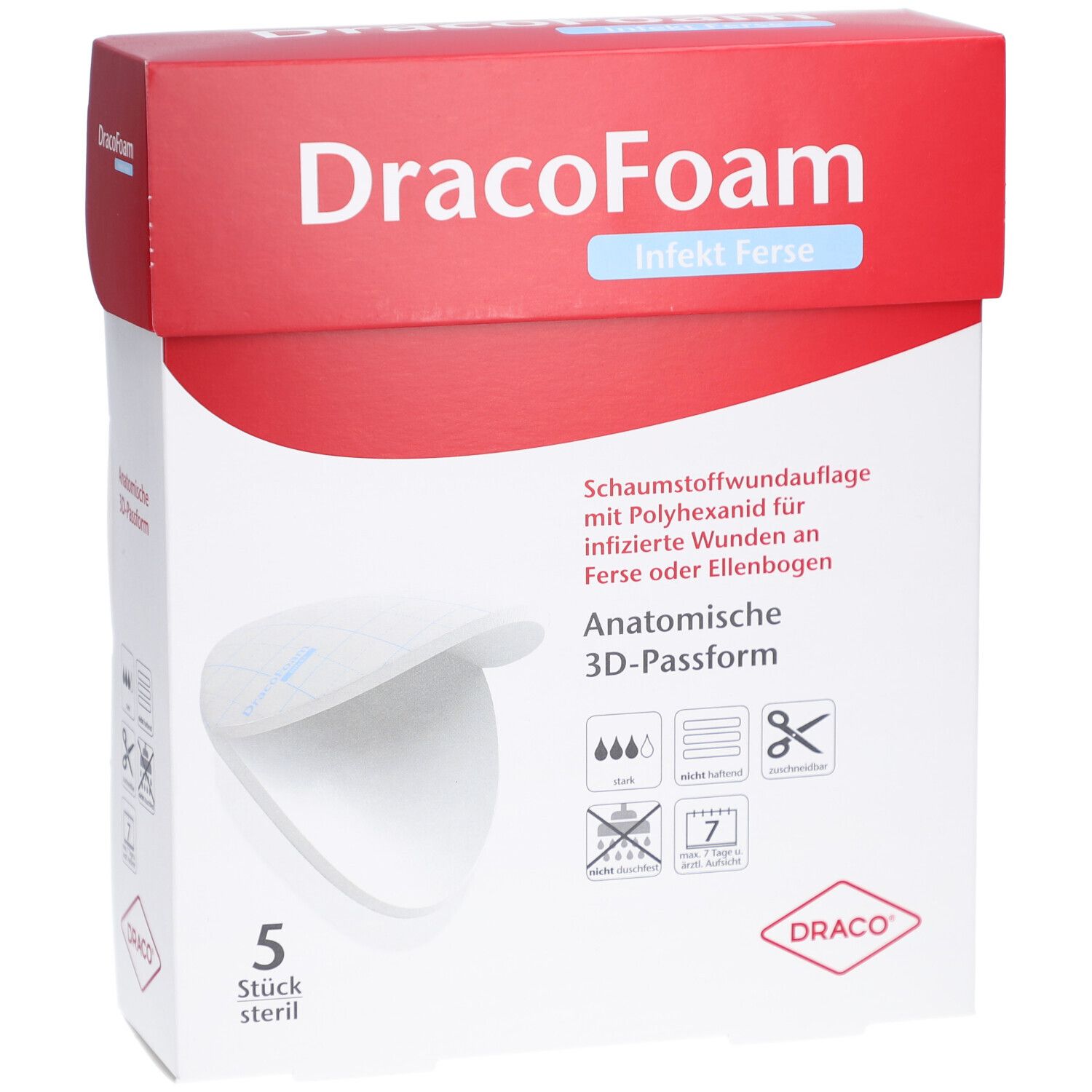 Verpackung von DracoFoam Infekt Ferse. Rote und weiße Schachtel mit Produktname, Produktbild und Informationen. 5 sterile Auflagen.