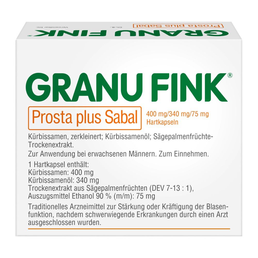 Schachtel mit GRANU FINK® Prosta plus Sabal. Text: 400 mg/340 mg/75 mg Hartkapseln. Inhaltsangaben.