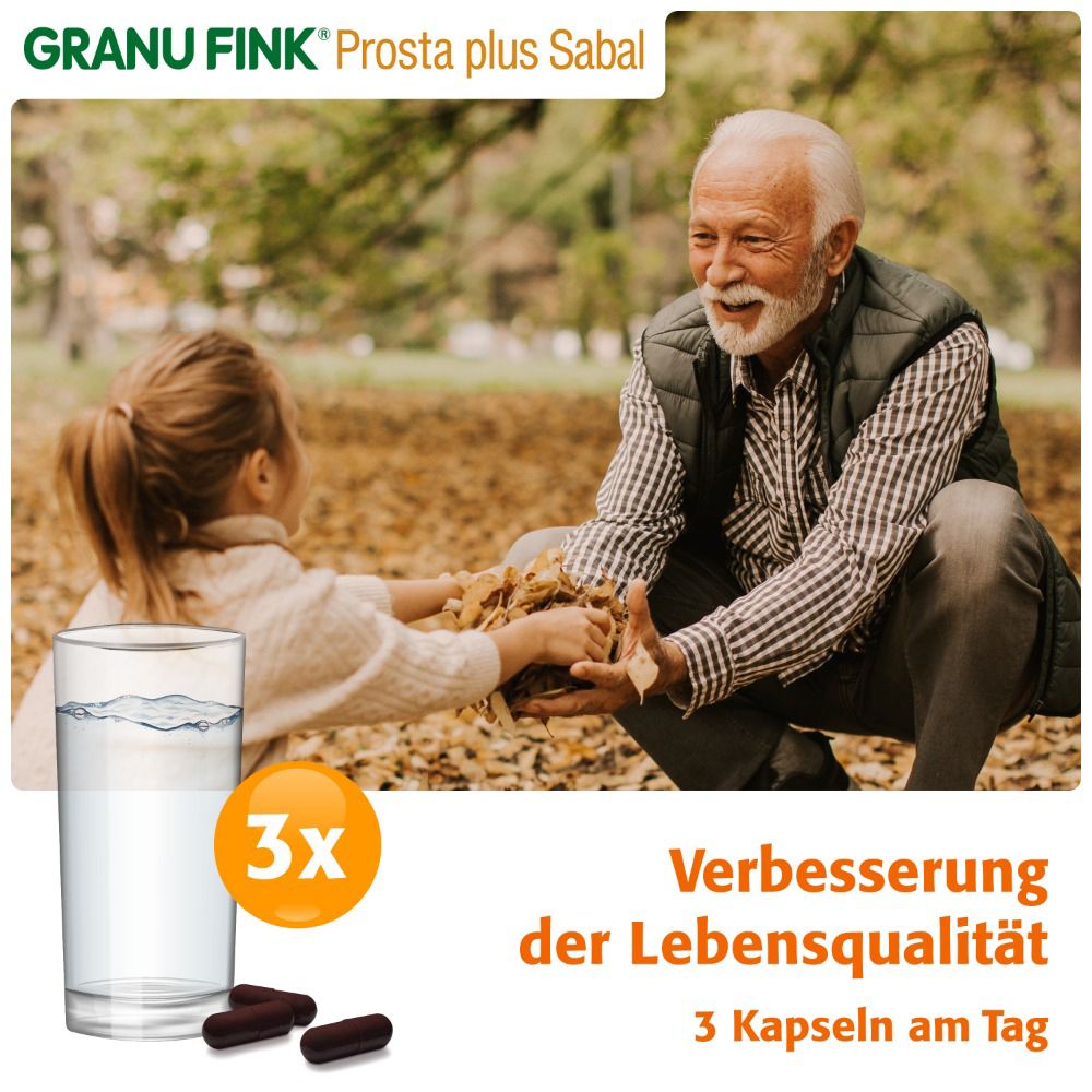 Mann und Kind im Herbst. GRANU FINK® Prosta plus Sabal, Glas Wasser, Kapseln. Text: Verbesserung der Lebensqualität.