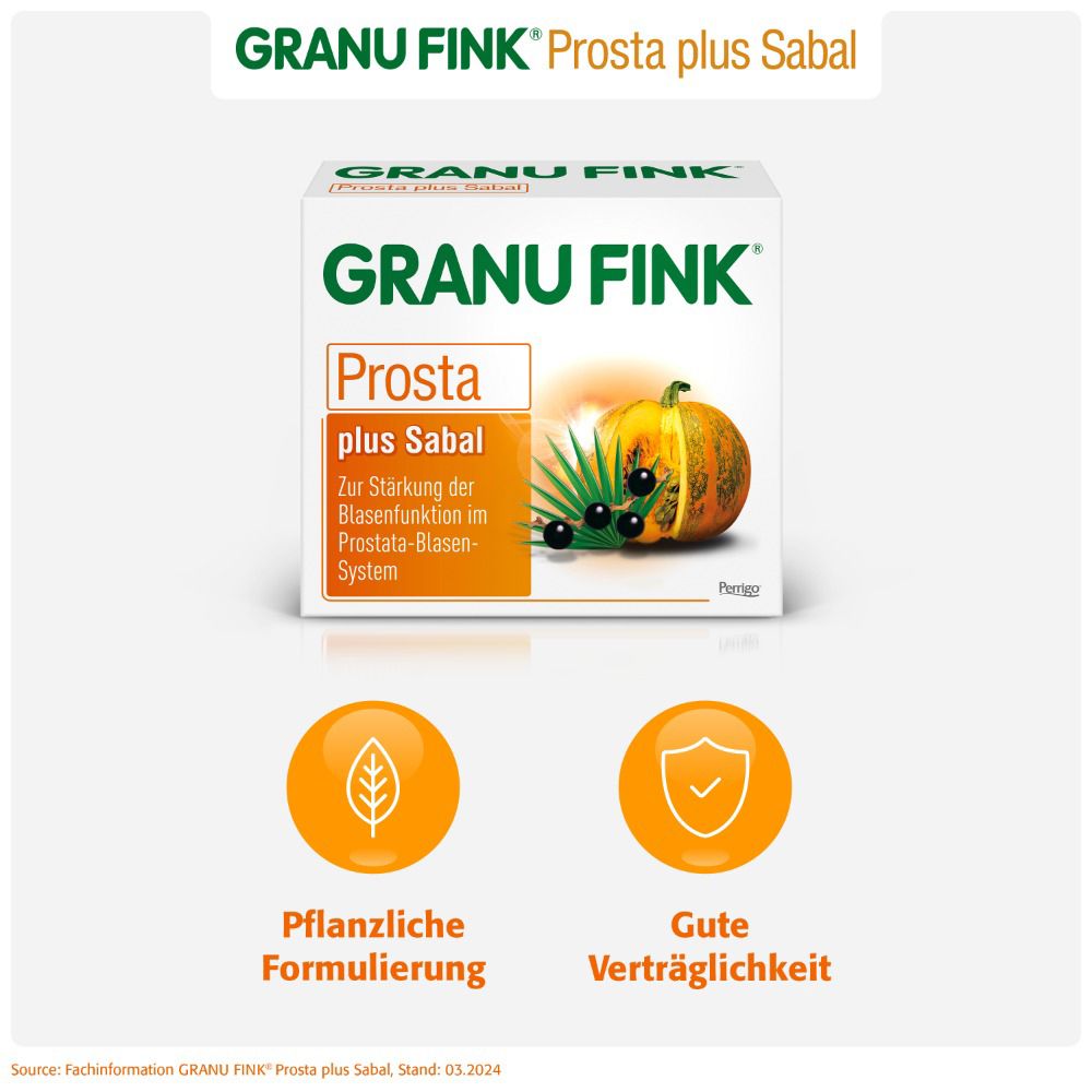 Packung GRANU FINK® Prosta plus Sabal. Logo, Produktname, Kürbis- und Palmenblatt-Illustration. Text: Pflanzliche Formulierung.