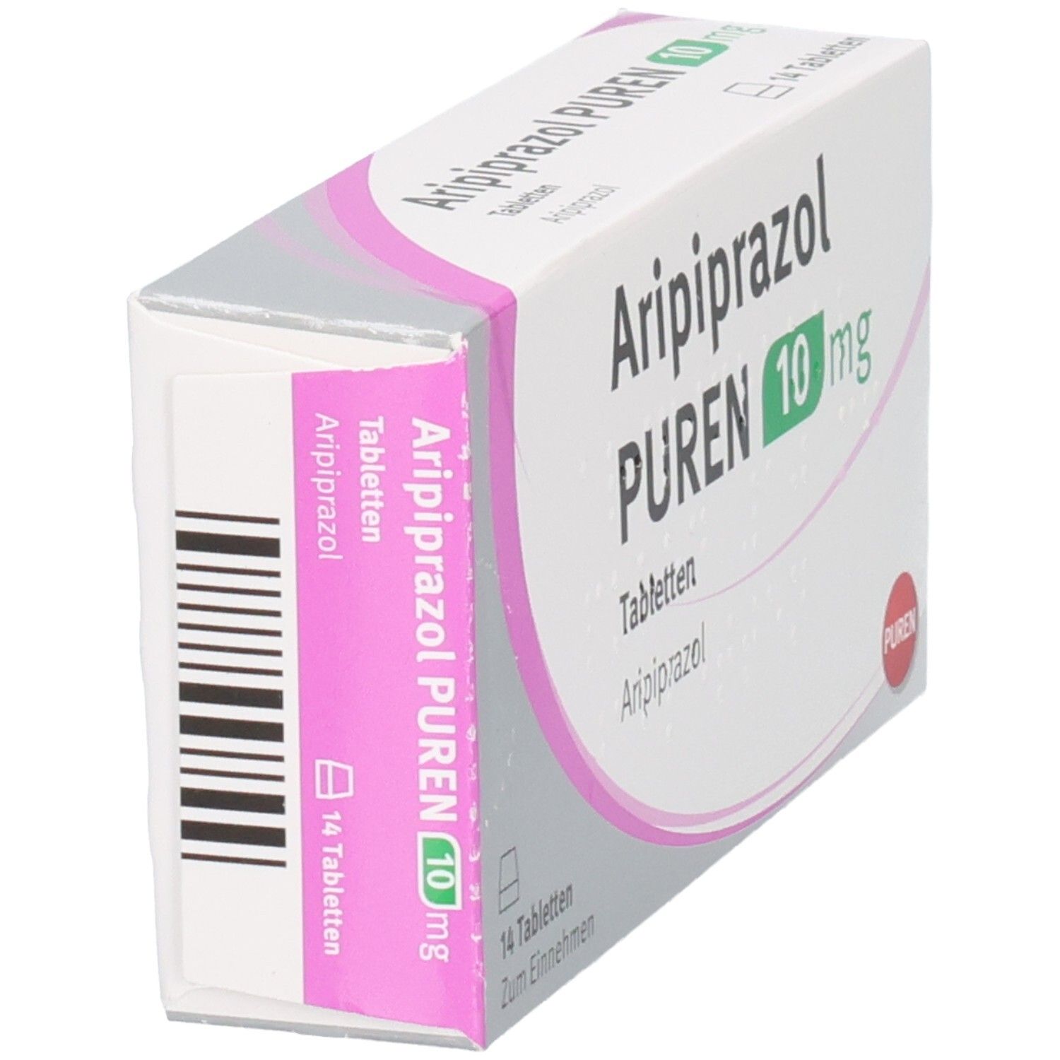 Packung Aripiprazol PUREN 10 mg Tabletten, 14 Stück.