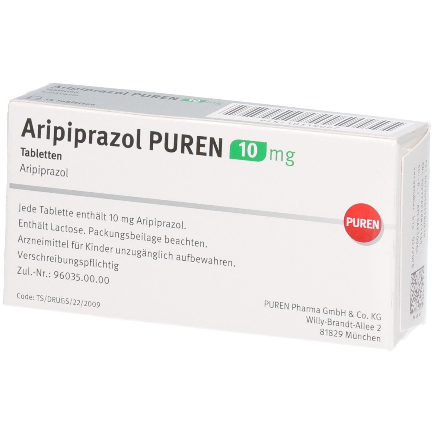 Packung Aripiprazol PUREN 10 mg Tabletten.