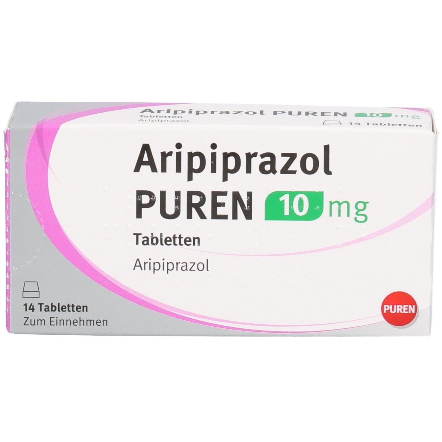 Aripiprazol PUREN 10 mg Tabletten, 14 Stück. Packung mit rosa und grauen Akzenten.
