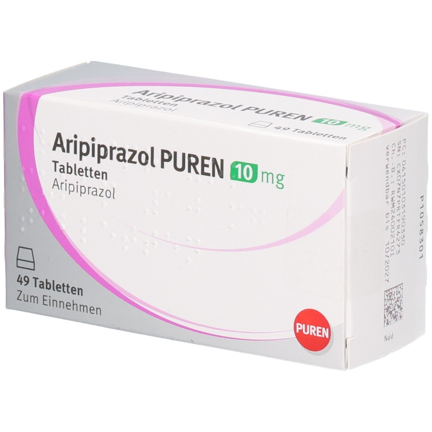 Schachtel mit Aripiprazol PUREN 10 mg Tabletten. 49 Tabletten. Weiße Schachtel mit rosa und grünen Akzenten. PUREN Logo.