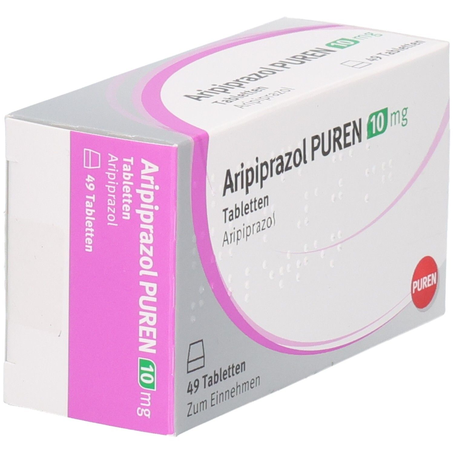 Schachtel mit Aripiprazol PUREN 10 mg Tabletten. 49 Tabletten. Weiße Schachtel mit rosa Akzenten. PUREN Logo.