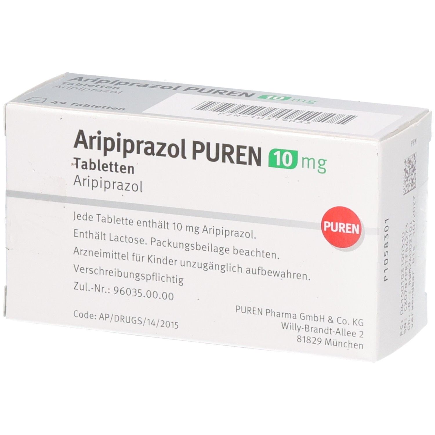 Schachtel mit Aripiprazol PUREN 10 mg Tabletten. Textinformationen auf der Schachtel. PUREN Logo.