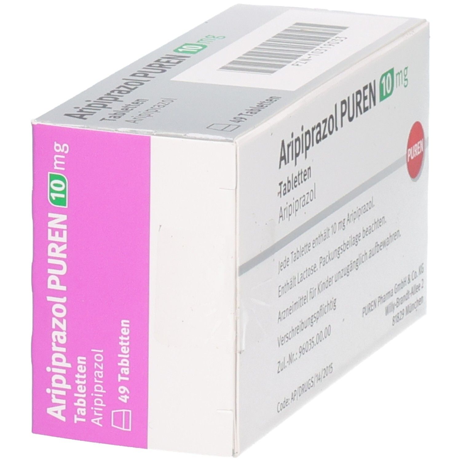 Schachtel mit Aripiprazol PUREN 10 mg Tabletten. 49 Tabletten. Weiße Schachtel mit rosa Akzenten. PUREN Logo.