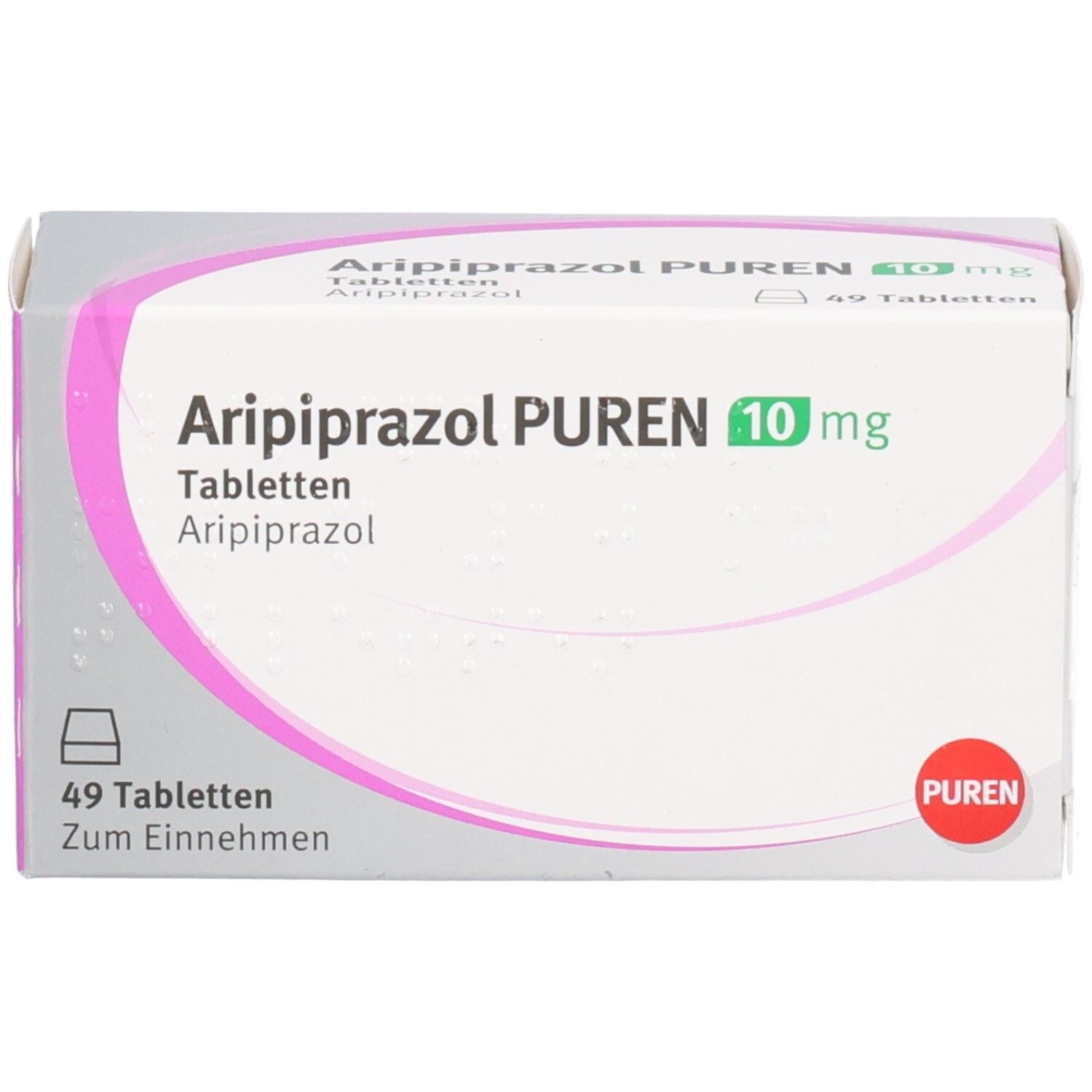 Schachtel mit Aripiprazol PUREN 10 mg Tabletten. 49 Tabletten. Weiße Schachtel mit rosa und grünen Akzenten. PUREN Logo.