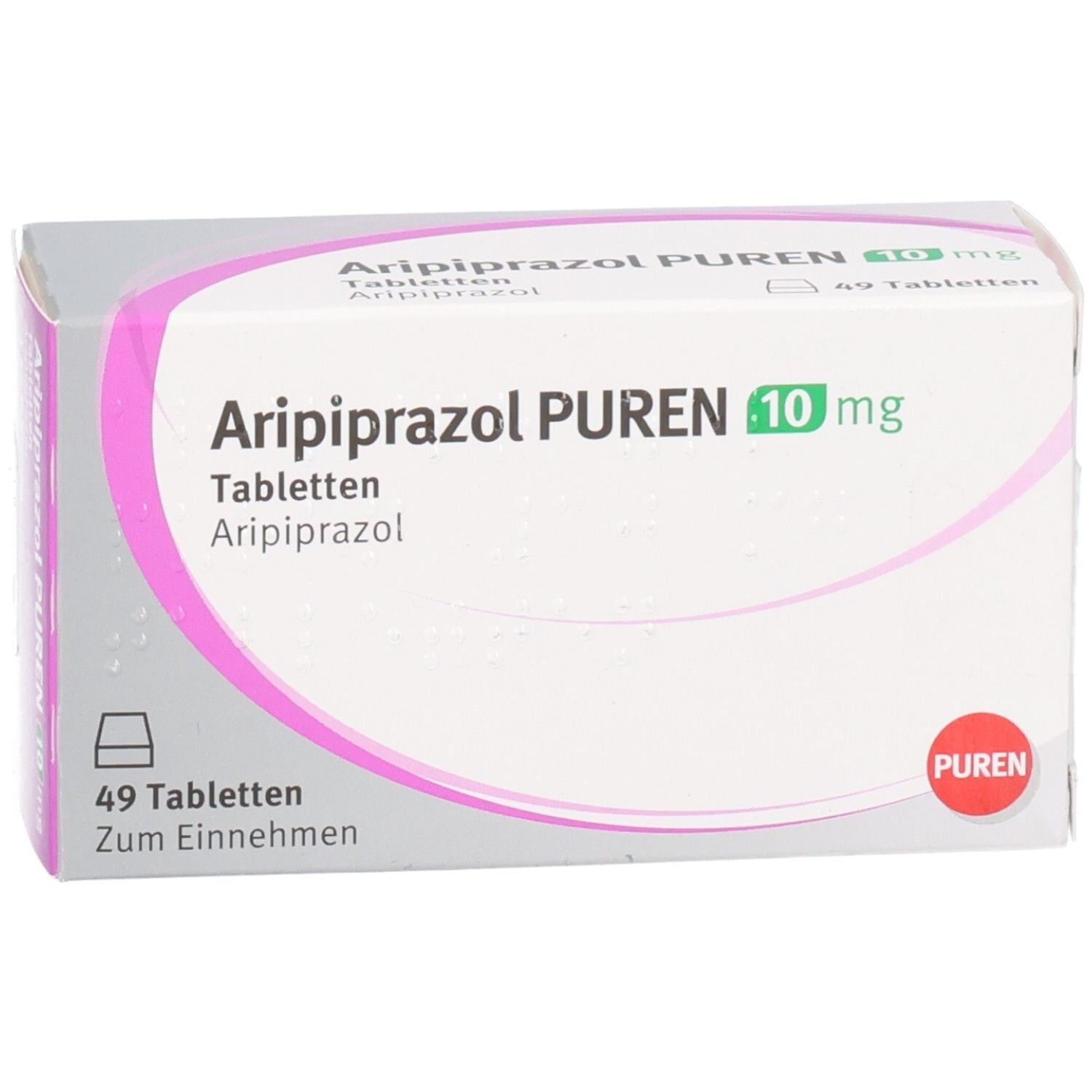 Schachtel mit Aripiprazol PUREN 10 mg Tabletten. 49 Tabletten. Weiße Schachtel mit rosa und grünen Akzenten. PUREN Logo.