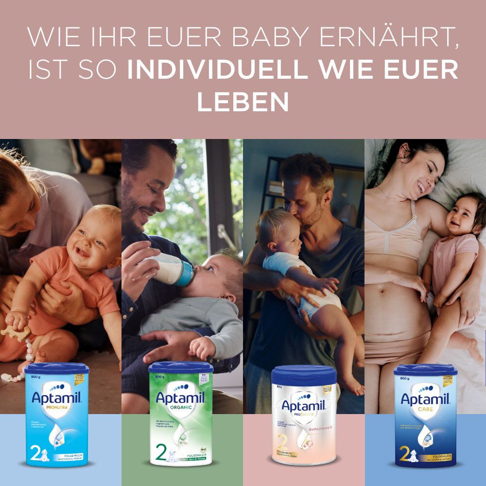 Mehrere Bilder von Babys und Eltern mit Aptamil-Produkten. Produkte: Aptamil 2, Organic 2, Profutura 2. Text: Wie Ihr Baby ernährt, ist so individuell wie euer Leben.
