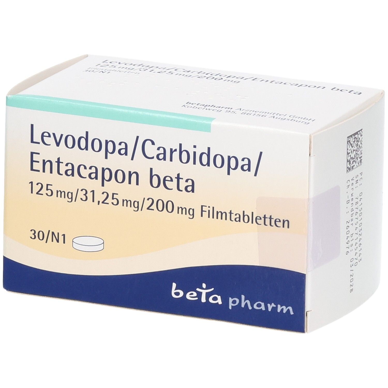 Schachtel mit Levodopa/Carbidopa/Entacapon beta Filmtabletten, 125mg/31,25mg/200mg, 30 Stück.