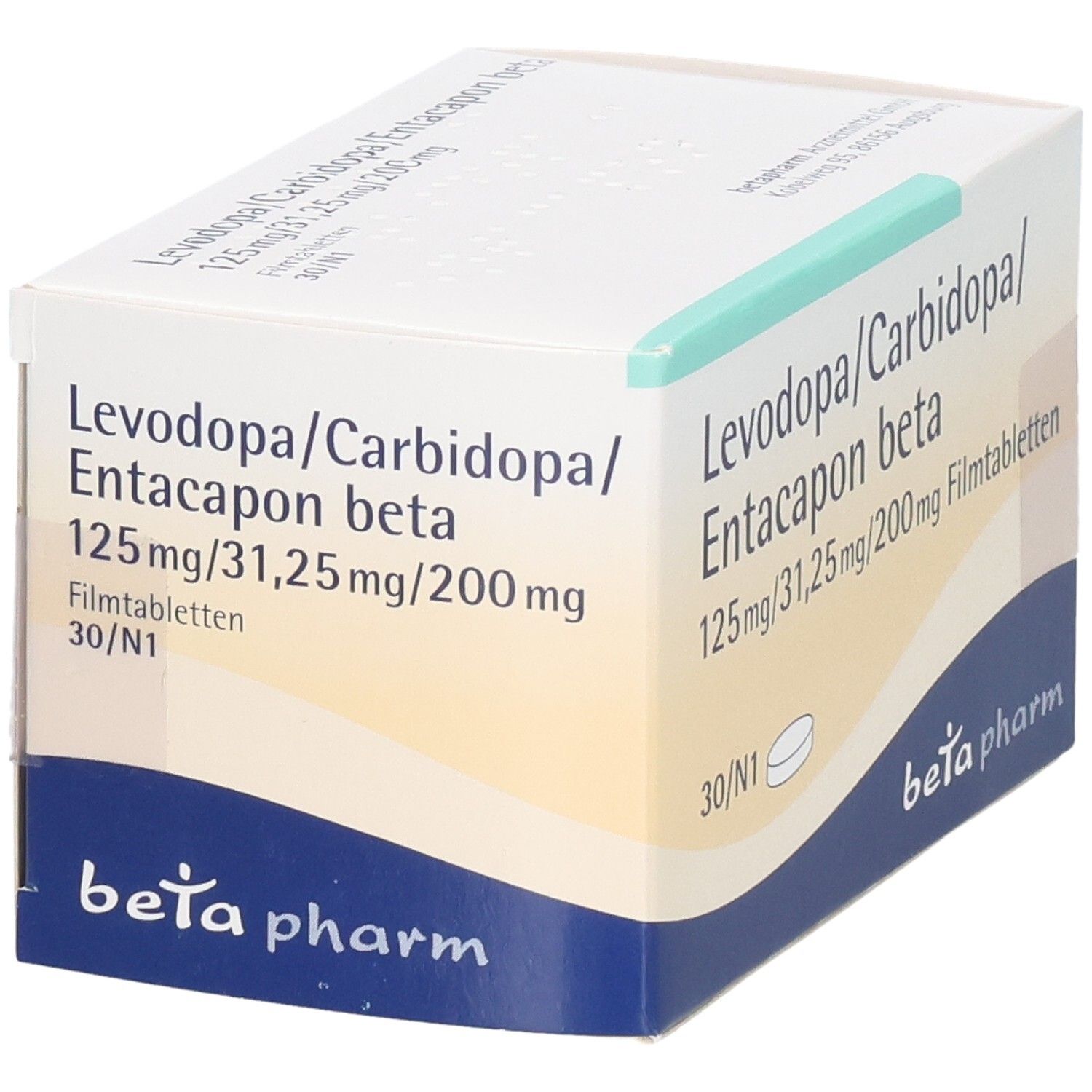Schachtel mit Levodopa/Carbidopa/Entacapon beta Filmtabletten, 125mg/31,25mg/200mg, 30 Stück.