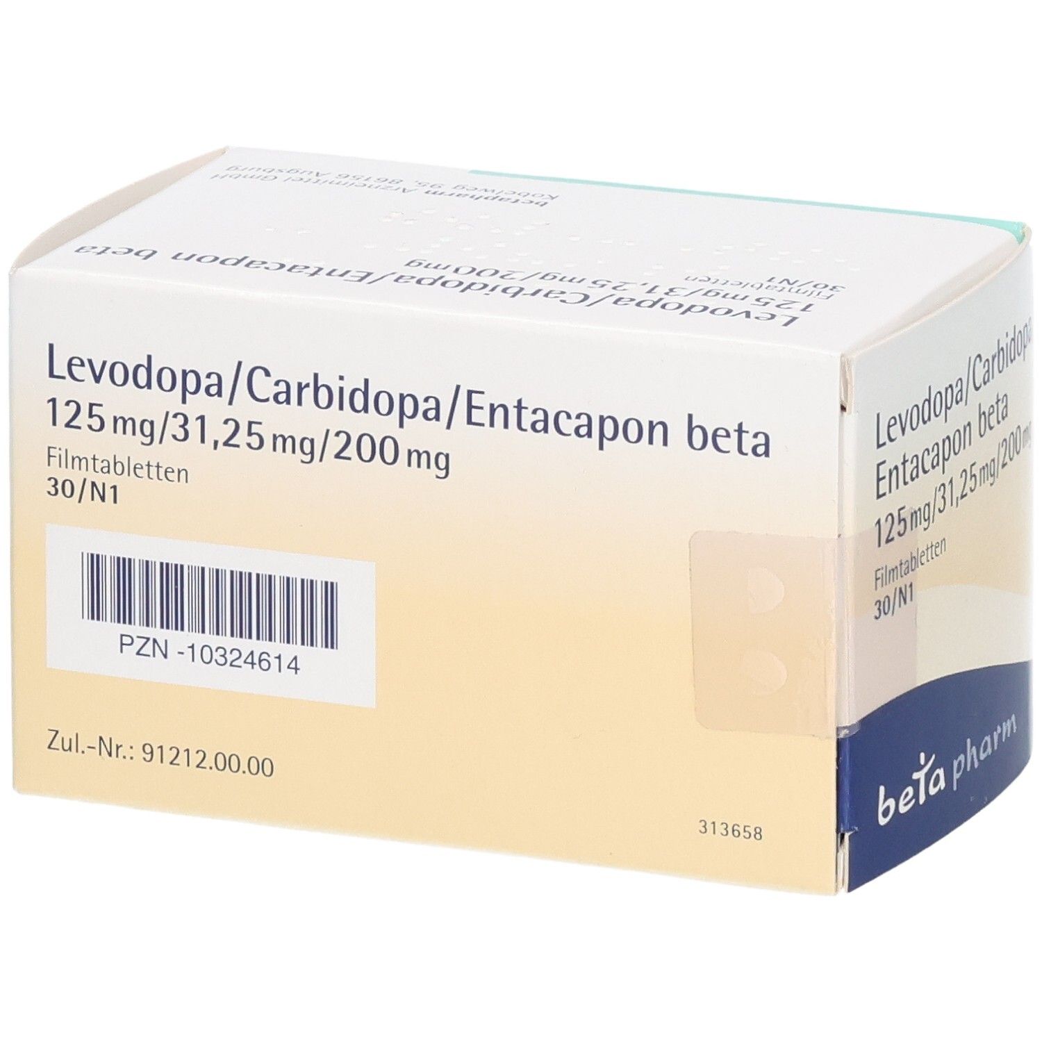 Schachtel mit Levodopa/Carbidopa/Entacapon beta Filmtabletten, 125mg/31,25mg/200mg, 30 Stück. PZN 10324614.