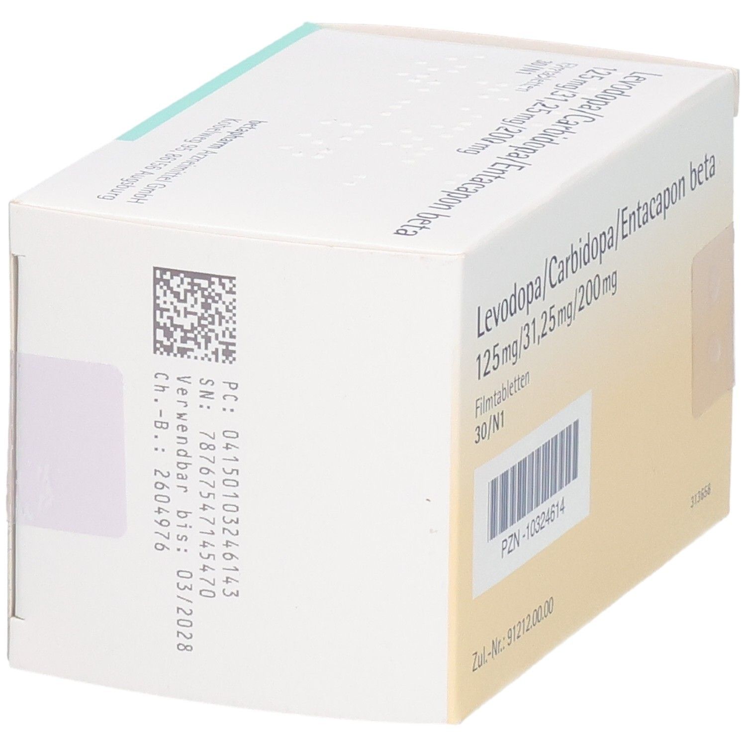 Rückseite der Schachtel mit Levodopa/Carbidopa/Entacapon beta Filmtabletten, 125mg/31,25mg/200mg, 30 Stück. Verfallsdatum 03/2028.
